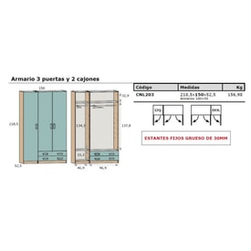 Armario De 3 Puertas Y 2 Cajones 150 cm – Paceworld miniatura 2