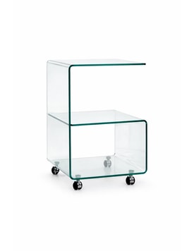Mesa ABIGAIL, ruedas, cristal transparente, 40 x 40 cms