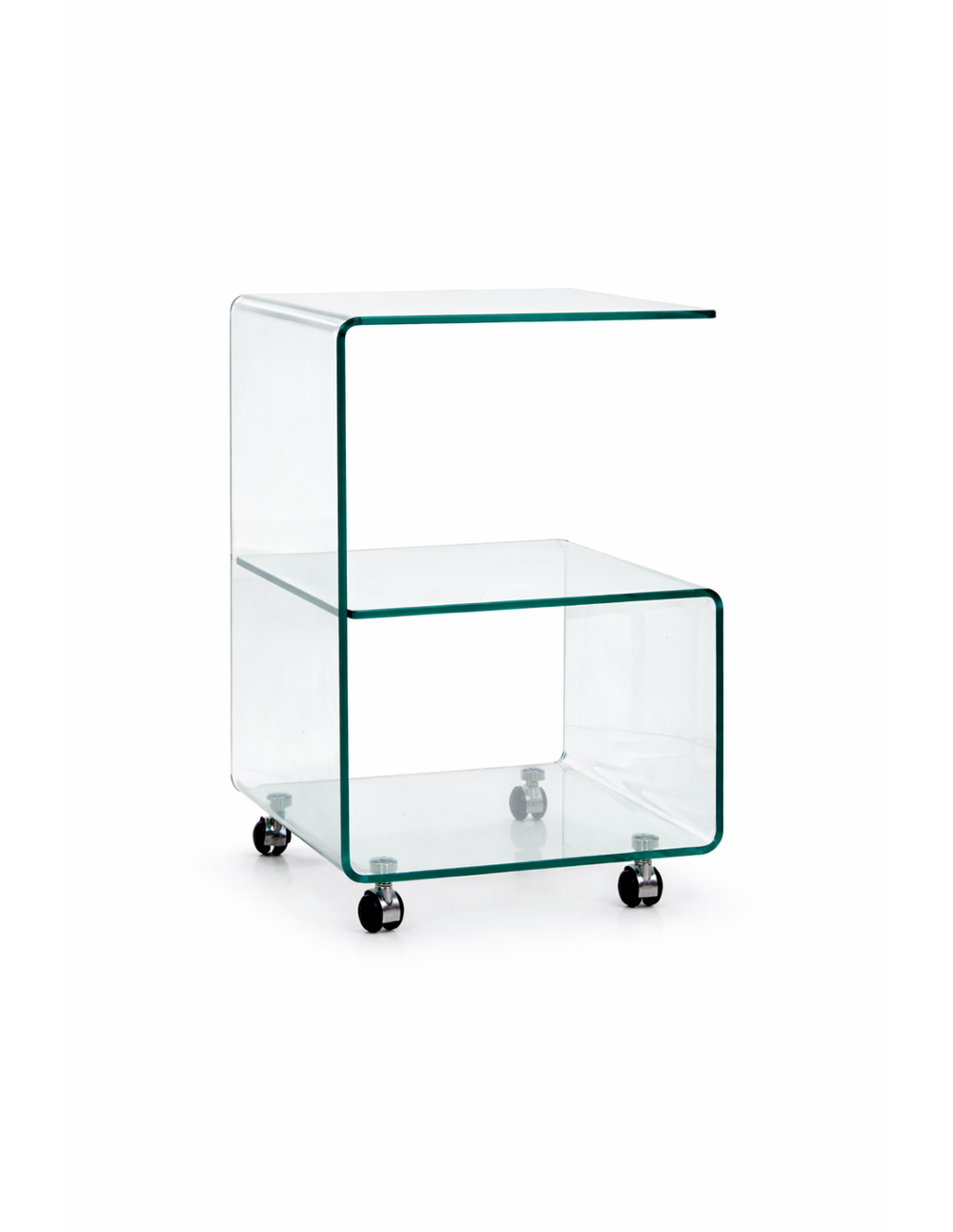 Mesa ABIGAIL, ruedas, cristal transparente, 40 x 40 cms