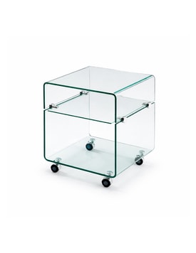 Mesa ARMSTRONG, baja, ruedas, cristal curvado, 40 x 40 cms