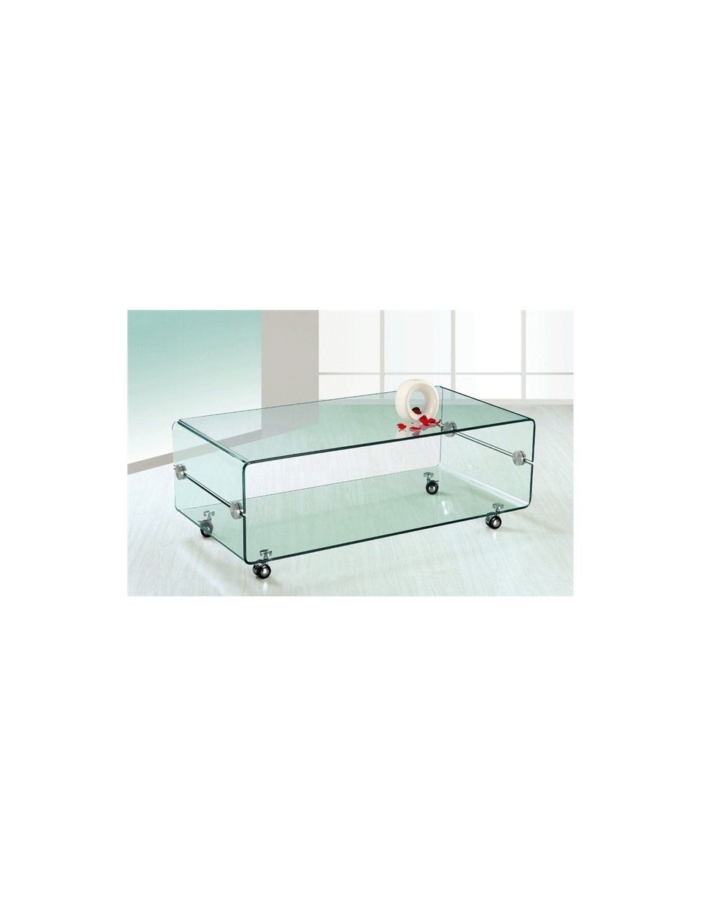 Mesa MELBOURNE, cristal curvado, ruedas, 120x60 cms