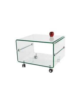 Mesa MELBOURNE, cristal curvado, ruedas, 60x40 cms