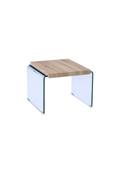 Mesa OSIRIS, baja, madera, cristal curvado, 55x55 cms