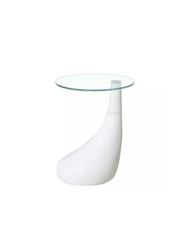Mesa PEAR, baja, blanca, cristal, 50 cms de diámetro